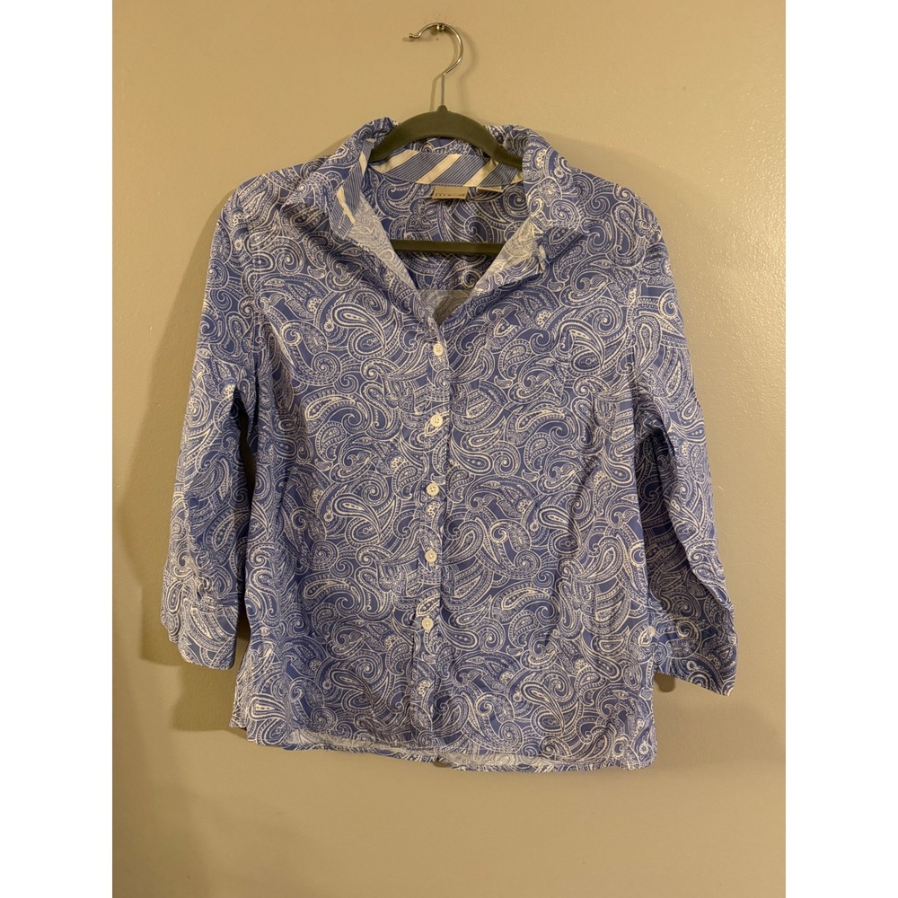 LL Bean Womens Blue White Paisley Button Up Shirt‎ 3/4 Sleeve Size M Regular